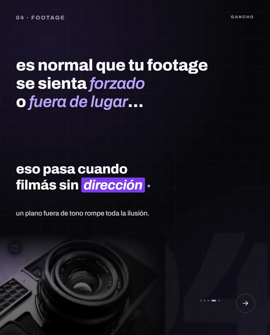 Carrusel de la cuenta de Gancho, 6 slides: “5 cosas que hacen que tu contenido se vea amateur” — tipografía, motion, jerarquía, footage y sonido, con la firma GANCHO · gancho.tech.