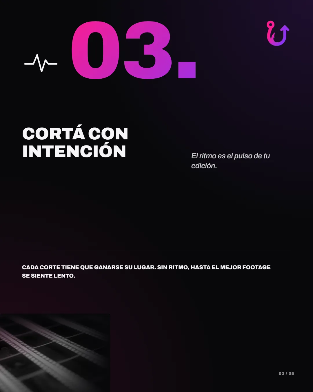 Carrusel de la cuenta de Gancho, 6 slides: portada “5 tips para que tu contenido se vea premium” con un robot leyendo un libro, y un tip por slide: jugá con la iluminación, definí tu color grade, cortá con intención, sumá capas de sonido y cuidá cada detalle final, con la firma de GANCHO.