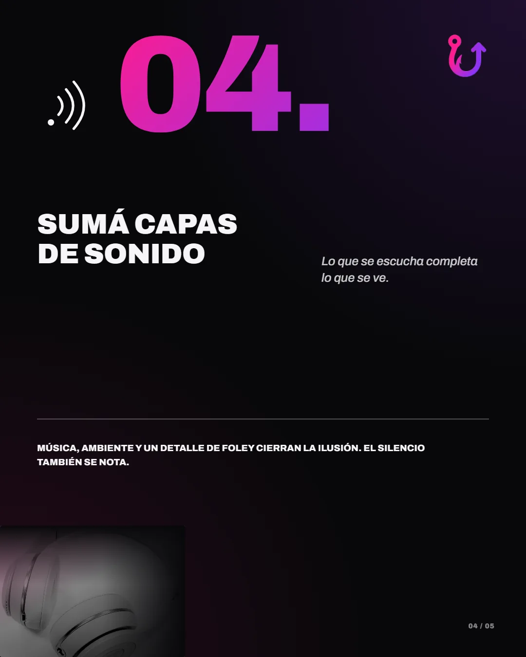 Carrusel de la cuenta de Gancho, 6 slides: portada “5 tips para que tu contenido se vea premium” con un robot leyendo un libro, y un tip por slide: jugá con la iluminación, definí tu color grade, cortá con intención, sumá capas de sonido y cuidá cada detalle final, con la firma de GANCHO.